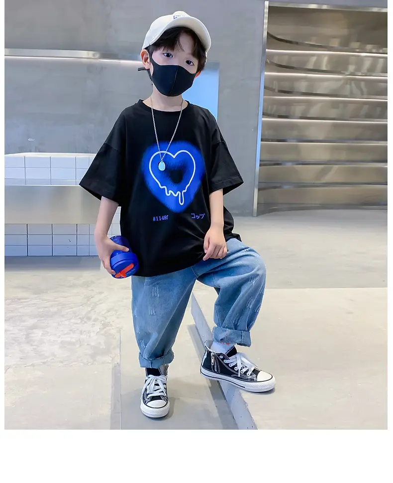 Kids Cotton Heart Print T-Shirt Black 2025 Summer — feature 5