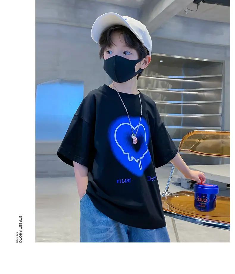 Kids Cotton Heart Print T-Shirt Black 2025 Summer — feature 7