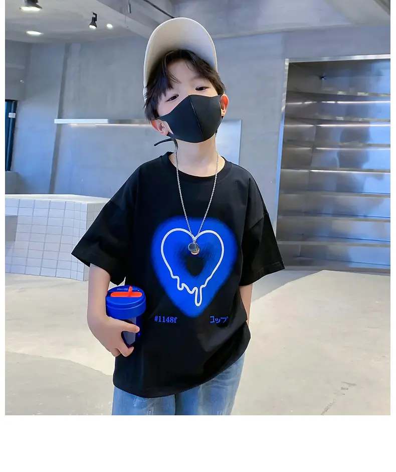 Kids Cotton Heart Print T-Shirt Black 2025 Summer — feature 8