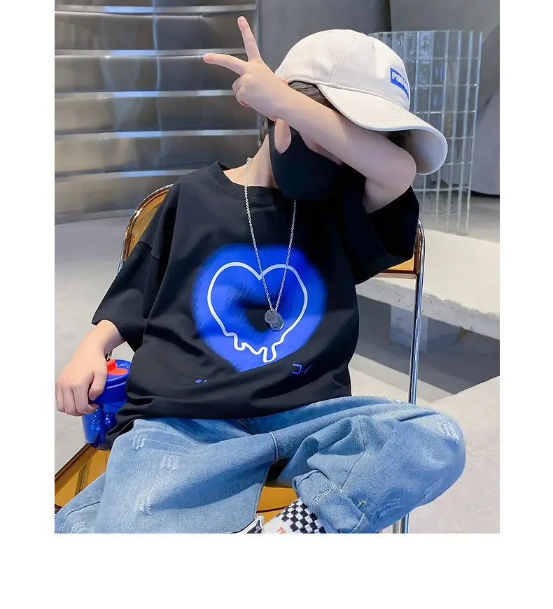 Kids Cotton Heart Print T-Shirt Black 2025 Summer — feature 9