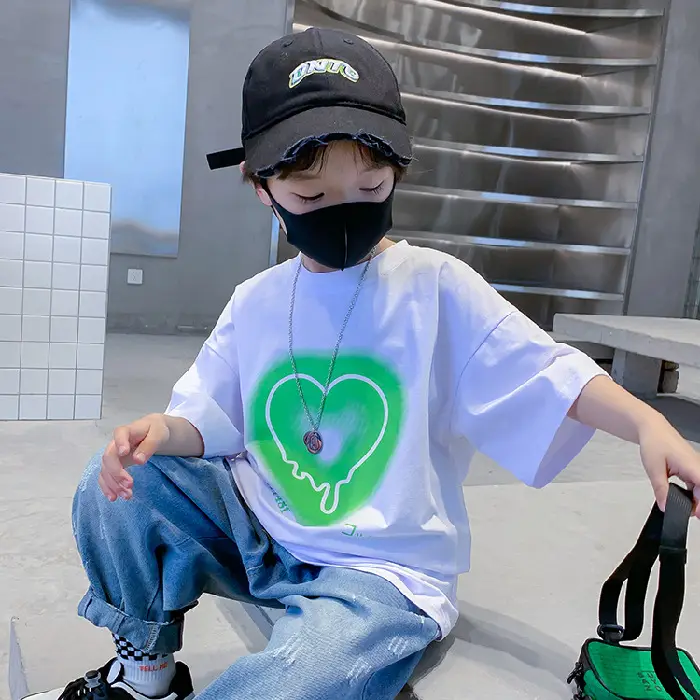 Kids Cotton Heart Print T-Shirt Black 2025 Summer
