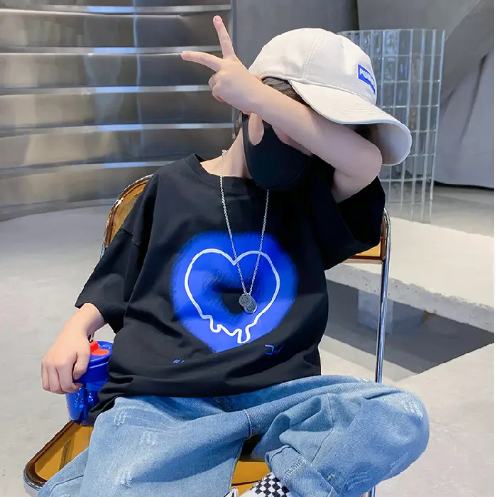 Kids Cotton Heart Print T-Shirt Black 2025 Summer - Image 2
