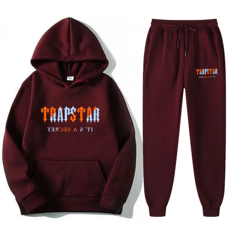 Trapstar Letter Printed Hoodie & Pants Set Maroon