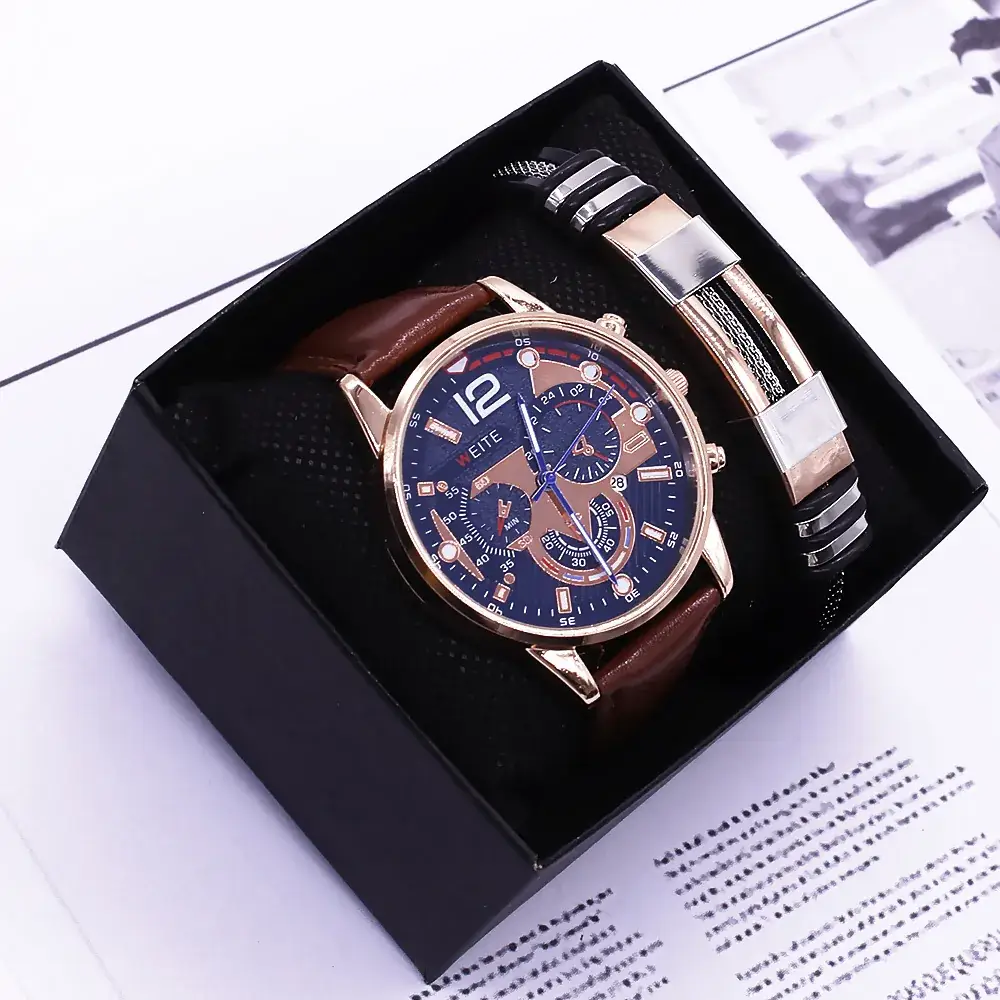 Men's Brown Leather Watch with Blue Dial & Quartz Movement - Image 5