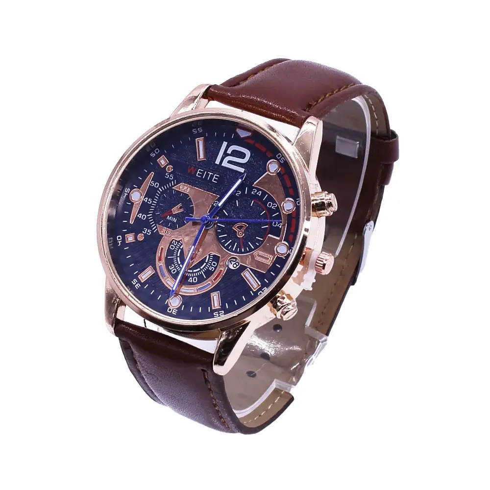 Men's Brown Leather Watch with Blue Dial & Quartz Movement - Image 4