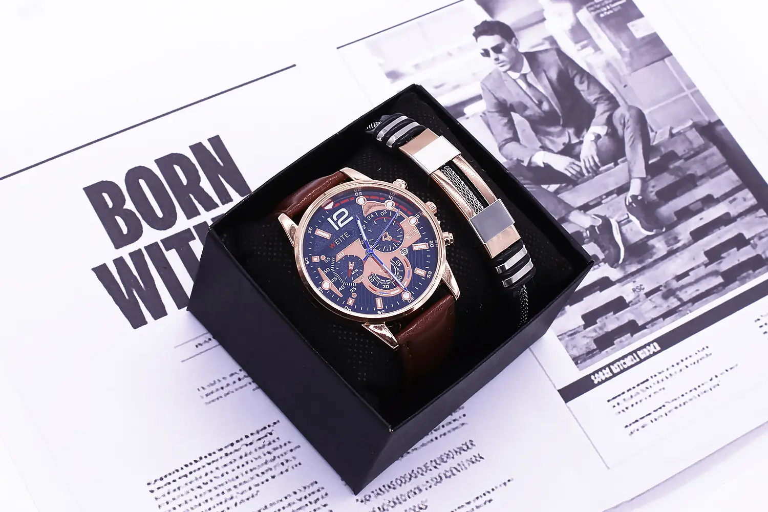 Men's Brown Leather Watch with Blue Dial & Quartz Movement — feature 6