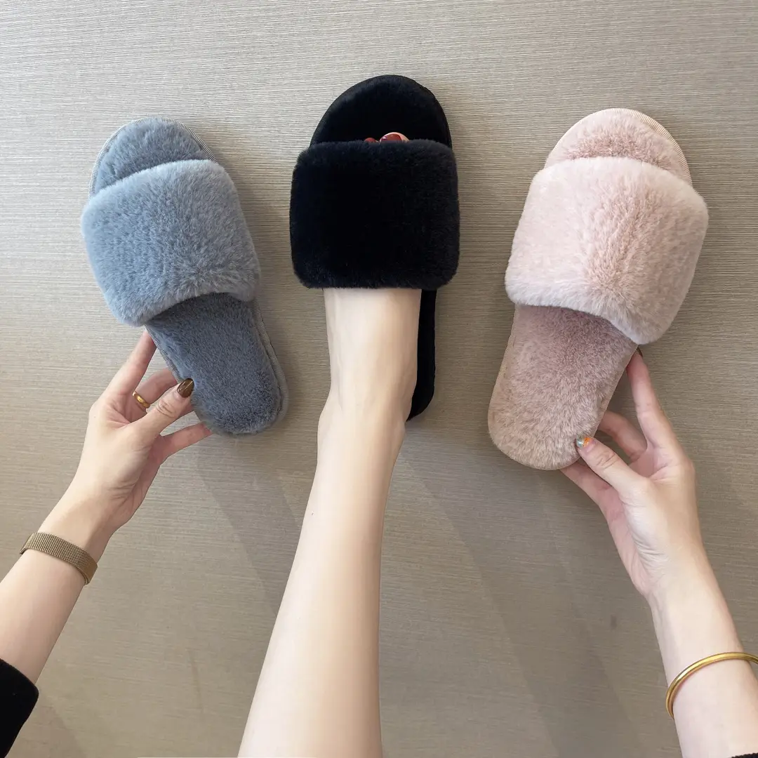 Large Size Furry Slippers for Women 2026 Autumn and Winter New Style Home Flat Warm Slippers Foreign Trade Cotton Slippers Wholesale