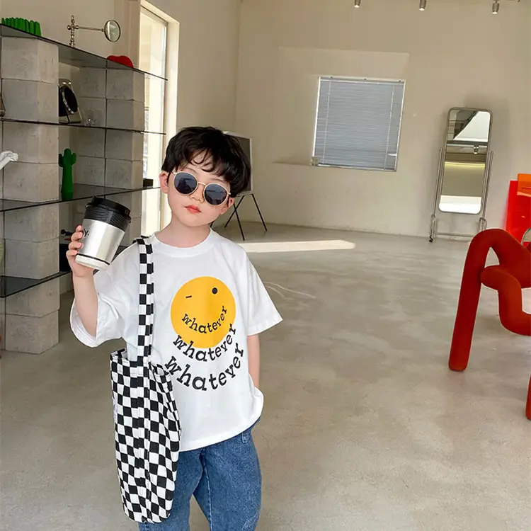 2025 Summer Boys T-Shirt Yellow Smile Graphic Cotton - Image 3