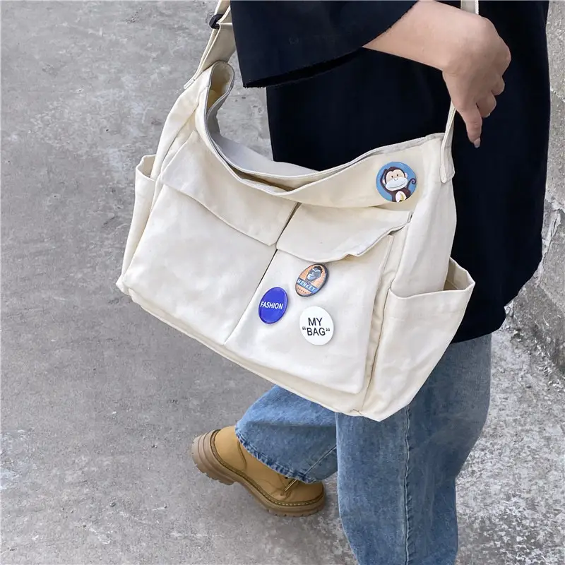 White Canvas Shoulder Crossbody Bag for Men Women - Image 7