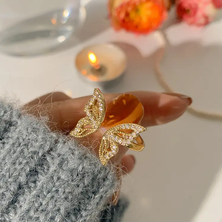 Golden Butterfly Index Finger Ring with Clear Stones - Image 5