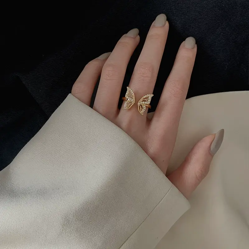 Golden Butterfly Index Finger Ring with Clear Stones — feature 1