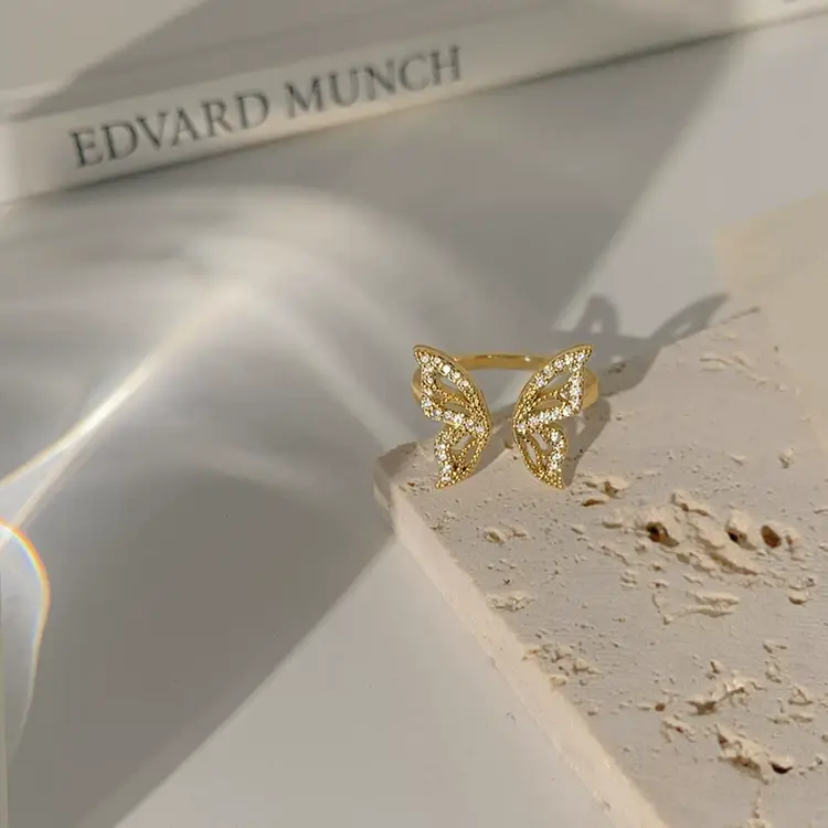 Golden Butterfly Index Finger Ring with Clear Stones — feature 12