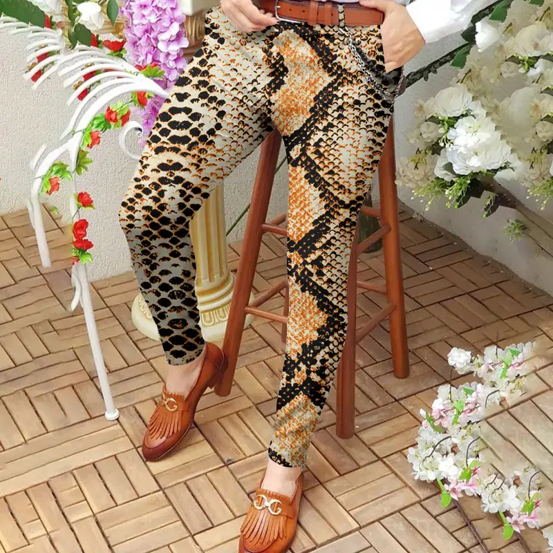 Men's Digital Print Slim Fit Pencil Pants Yellow Orange - Image 7
