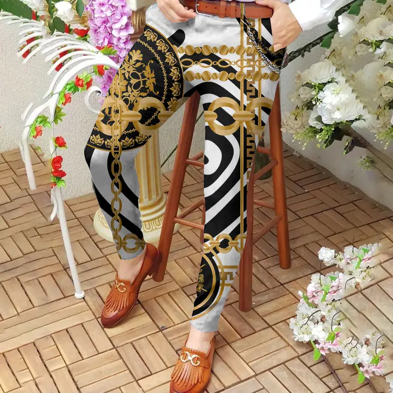 Men's Digital Print Slim Fit Pencil Pants Yellow Orange - Image 4