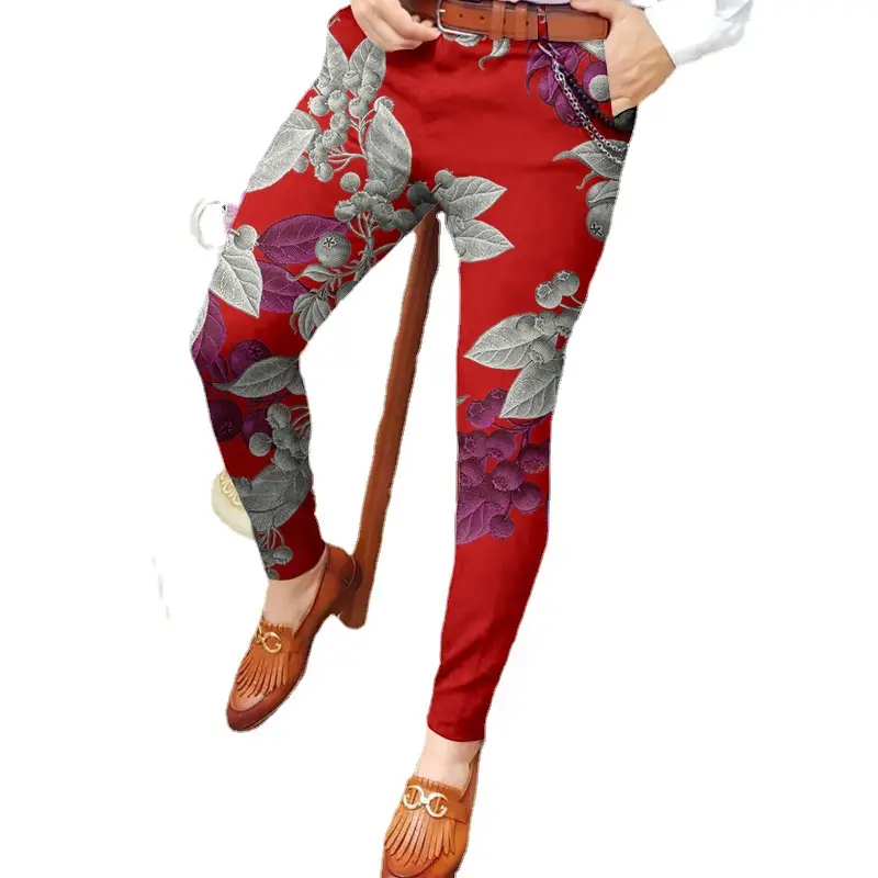 Men's Digital Print Slim Fit Pencil Pants Yellow Orange - Image 32