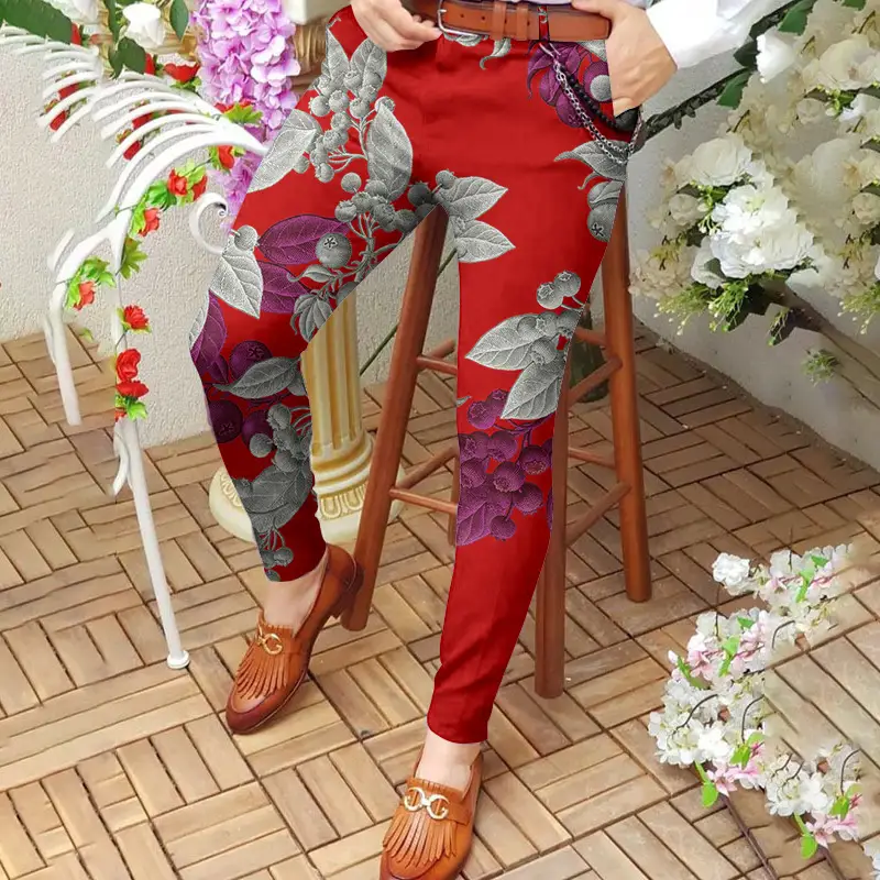 Men's Digital Print Slim Fit Pencil Pants Yellow Orange - Image 2