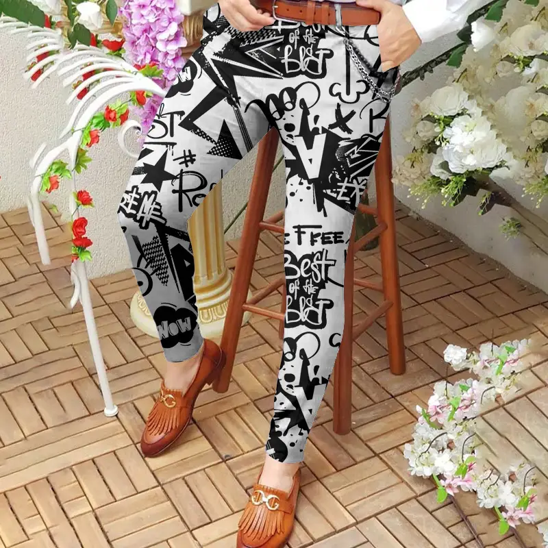 Men's Digital Print Slim Fit Pencil Pants Yellow Orange - Image 3