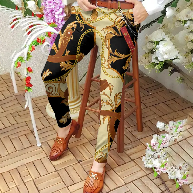 Men's Digital Print Slim Fit Pencil Pants Yellow Orange - Image 5
