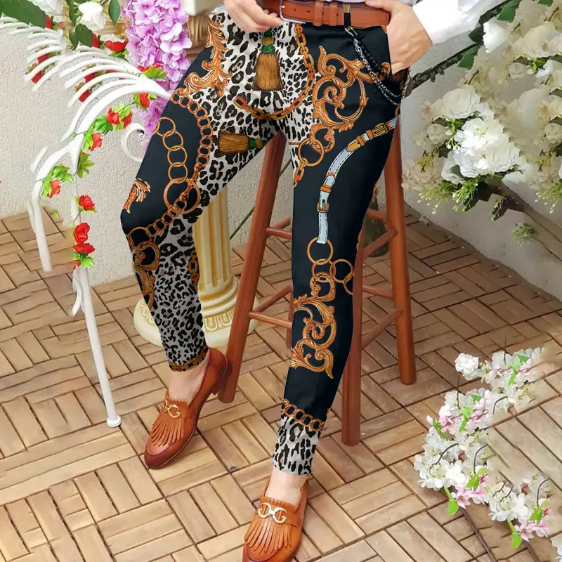 Men's Digital Print Slim Fit Pencil Pants Yellow Orange - Image 6