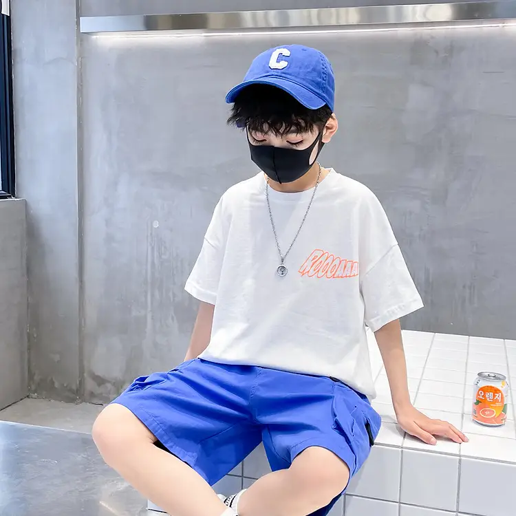 Kids Cotton T-Shirt Blue Checkered Graphic Shorts Set - Image 3