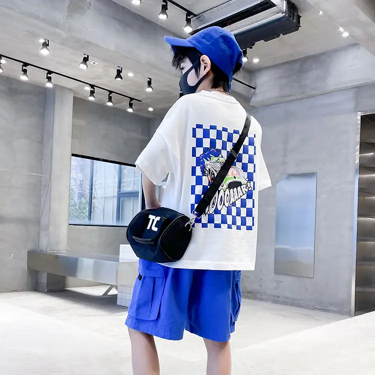 Kids Cotton T-Shirt Blue Checkered Graphic Shorts Set - Image 4