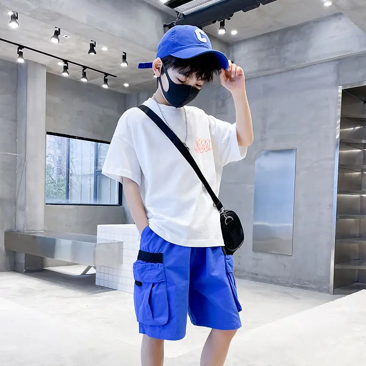 Kids Cotton T-Shirt Blue Checkered Graphic Shorts Set - Image 5