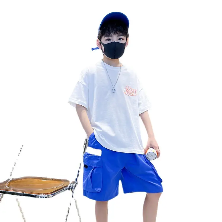 Kids Cotton T-Shirt Blue Checkered Graphic Shorts Set - Image 6