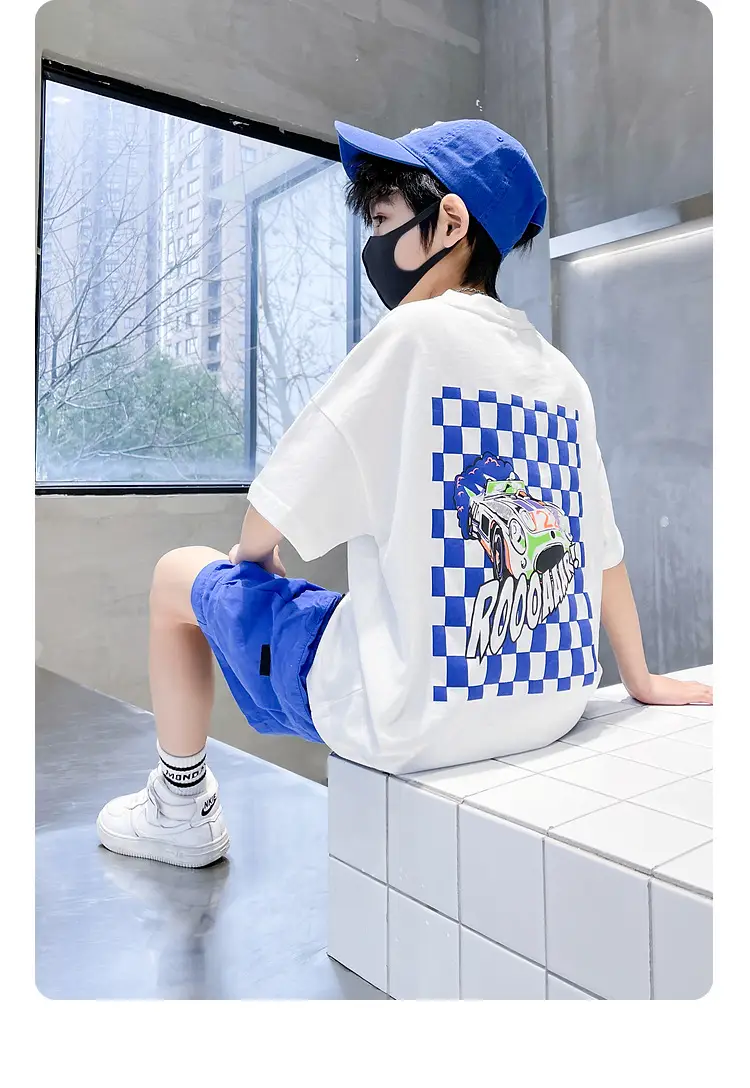 Kids Cotton T-Shirt Blue Checkered Graphic Shorts Set — feature 10