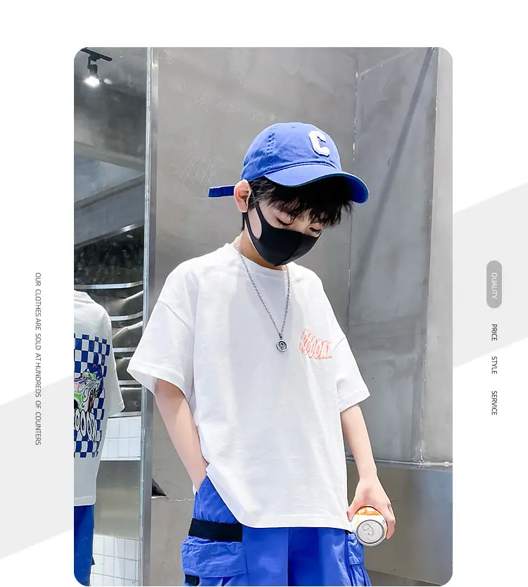 Kids Cotton T-Shirt Blue Checkered Graphic Shorts Set — feature 2