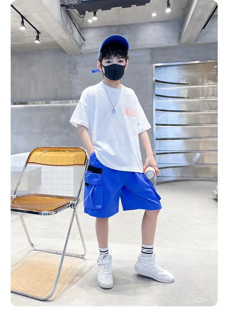 Kids Cotton T-Shirt Blue Checkered Graphic Shorts Set — feature 4