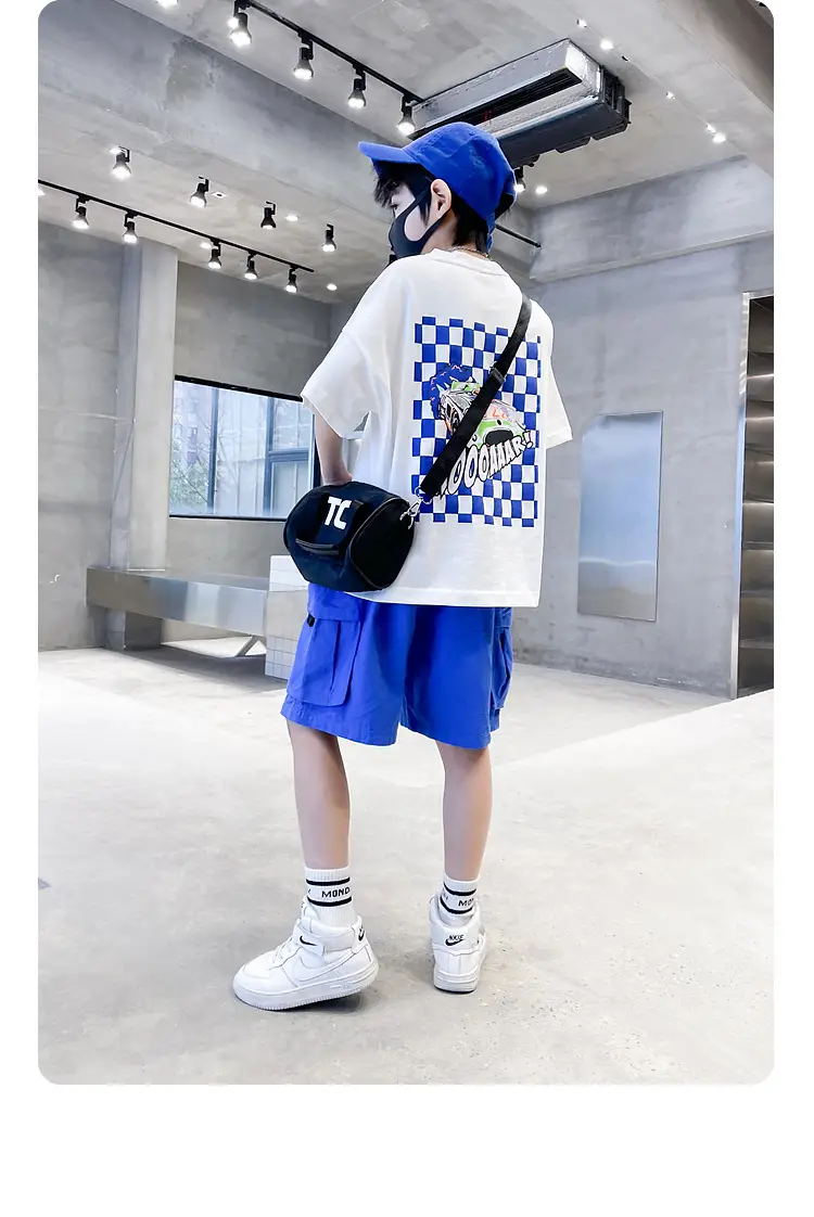 Kids Cotton T-Shirt Blue Checkered Graphic Shorts Set — feature 5