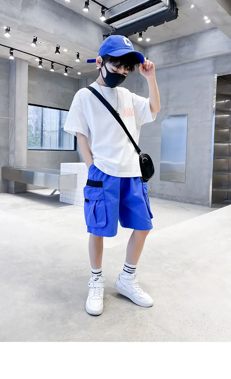 Kids Cotton T-Shirt Blue Checkered Graphic Shorts Set — feature 6