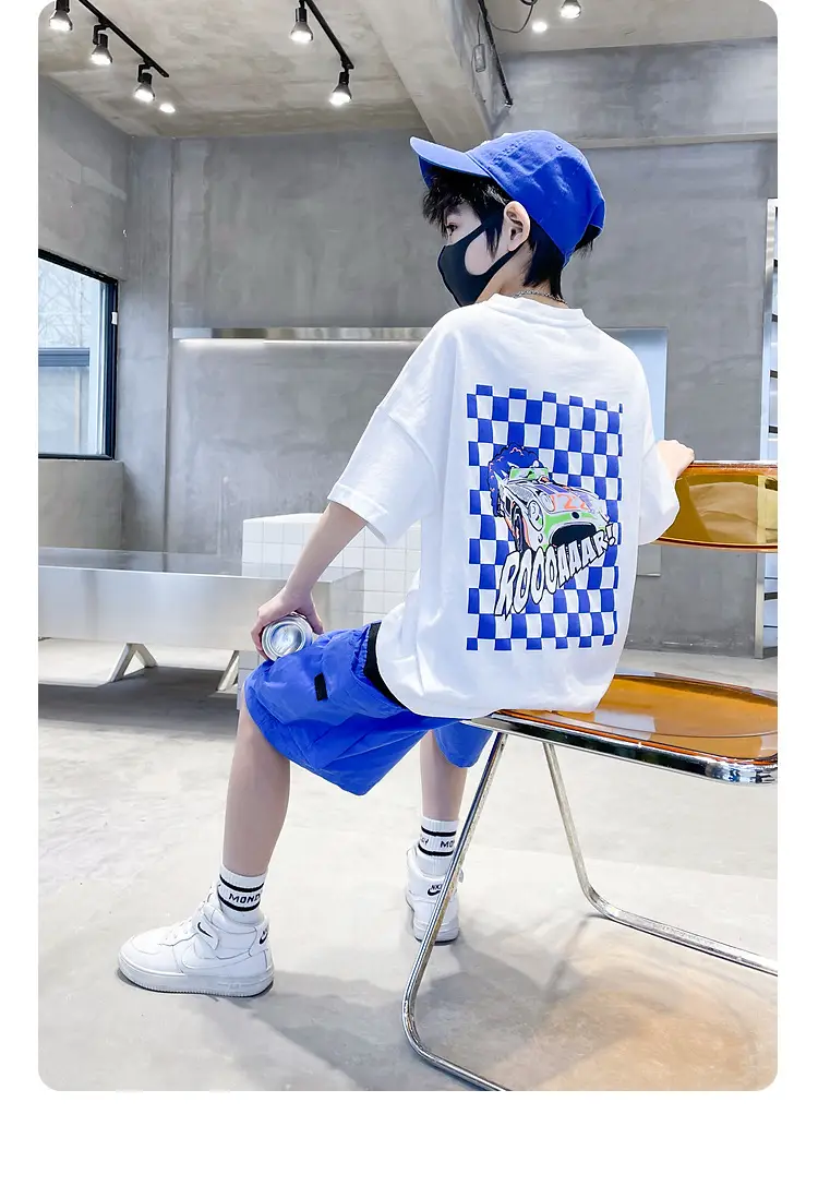 Kids Cotton T-Shirt Blue Checkered Graphic Shorts Set — feature 7