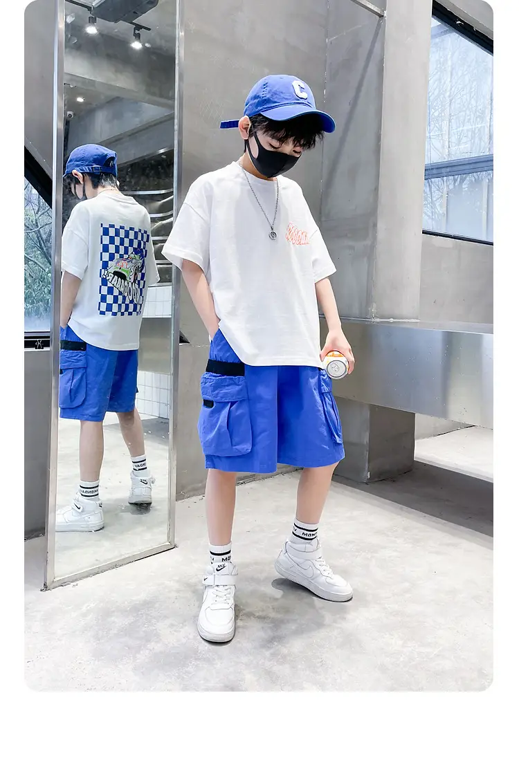 Kids Cotton T-Shirt Blue Checkered Graphic Shorts Set — feature 8