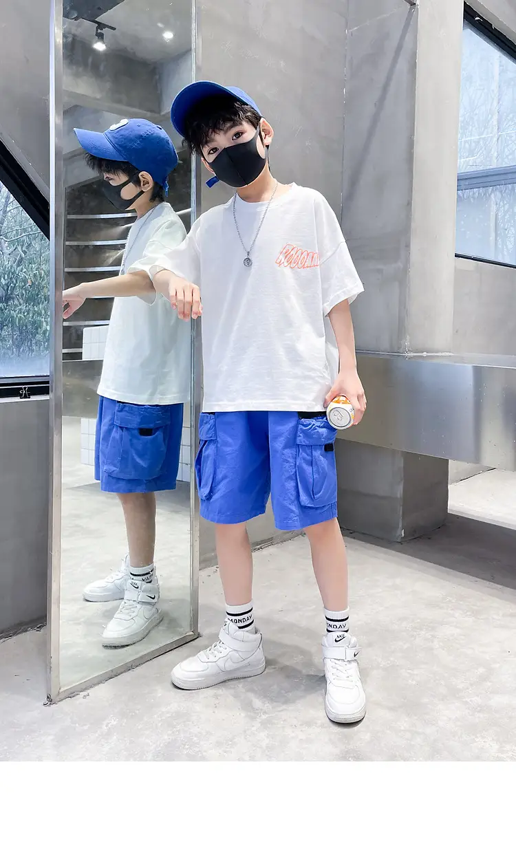 Kids Cotton T-Shirt Blue Checkered Graphic Shorts Set — feature 9