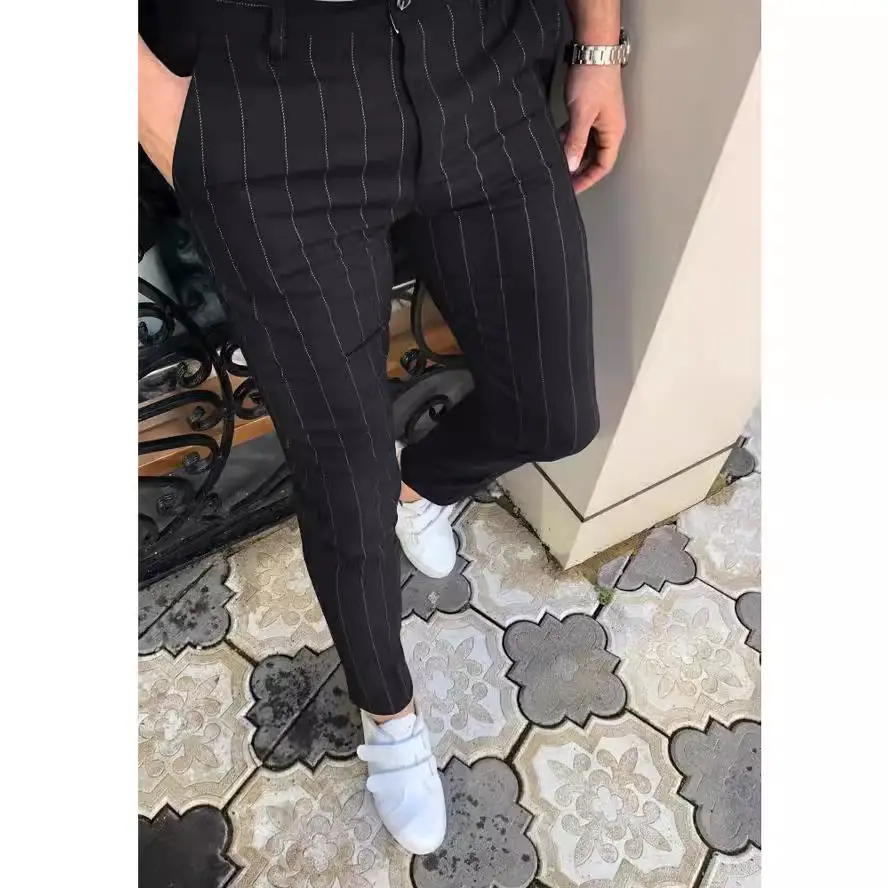 Men Blue Striped Slim Fit Pants 2025 - Image 6