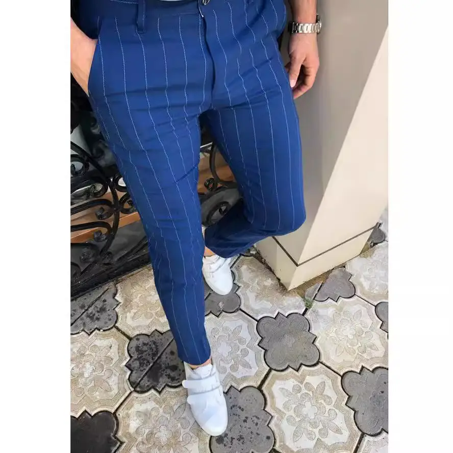 Men Blue Striped Slim Fit Pants 2025 - Image 7