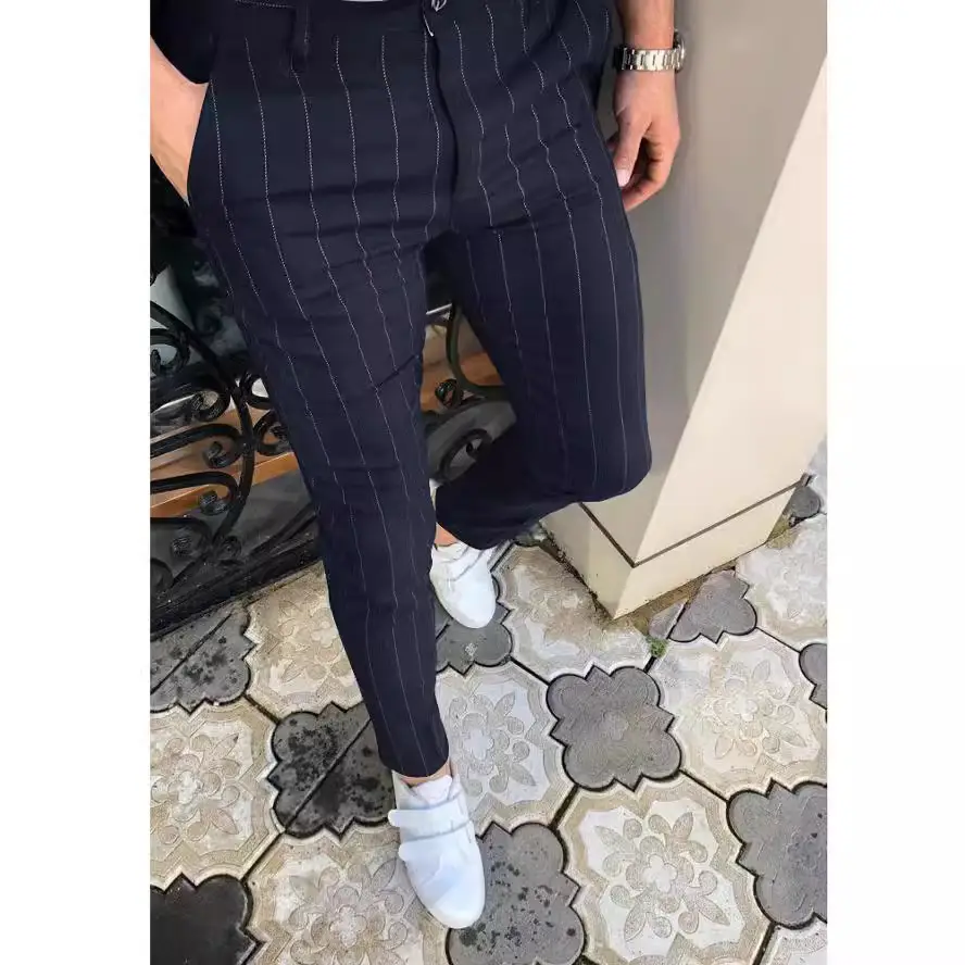 Men Blue Striped Slim Fit Pants 2025 - Image 8