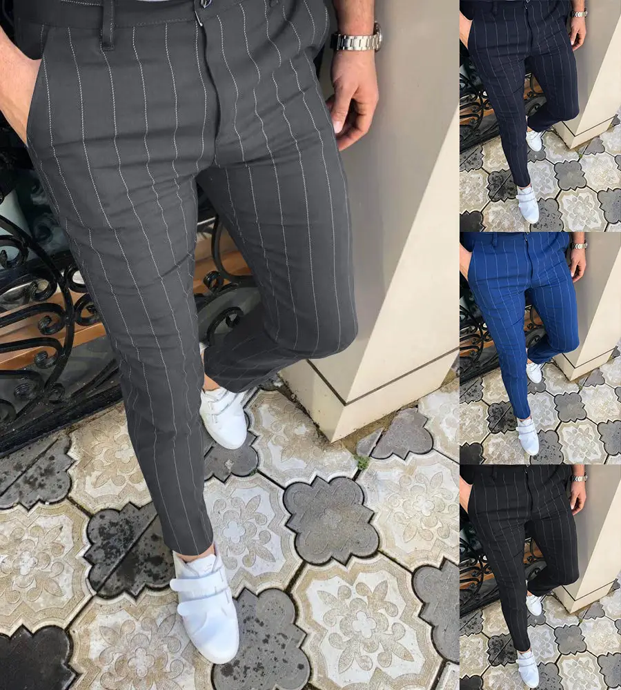 Men Blue Striped Slim Fit Pants 2025 — feature 1