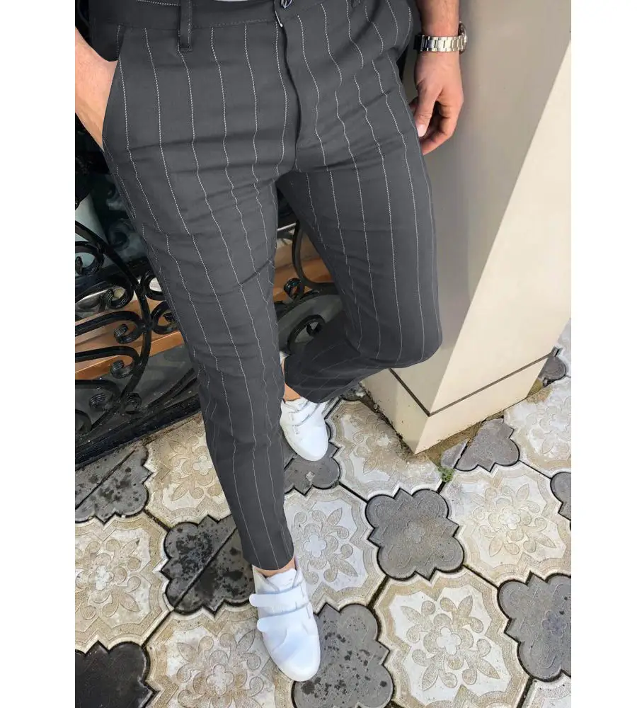 Men Blue Striped Slim Fit Pants 2025 - Image 2