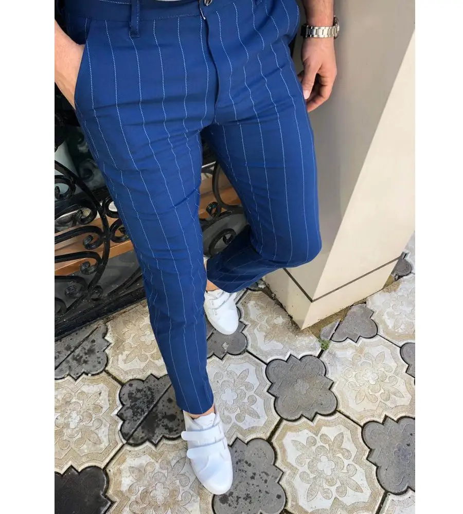 Men Blue Striped Slim Fit Pants 2025 - Image 3