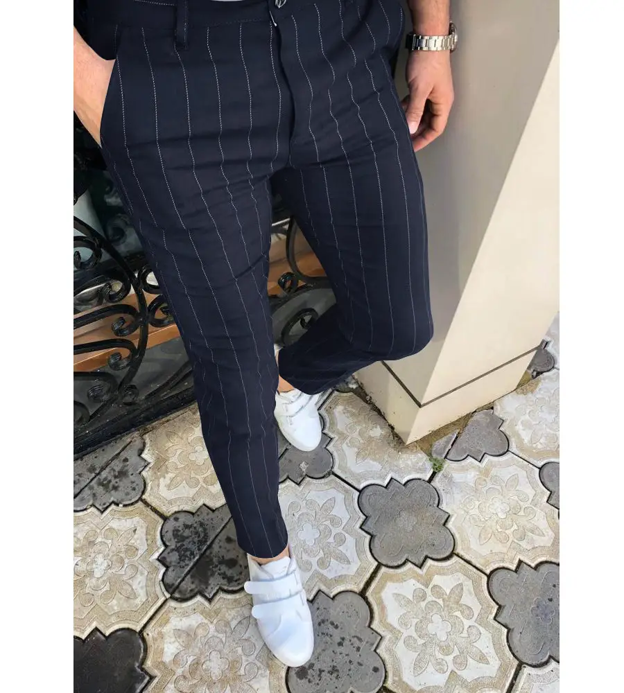 Men Blue Striped Slim Fit Pants 2025 - Image 4