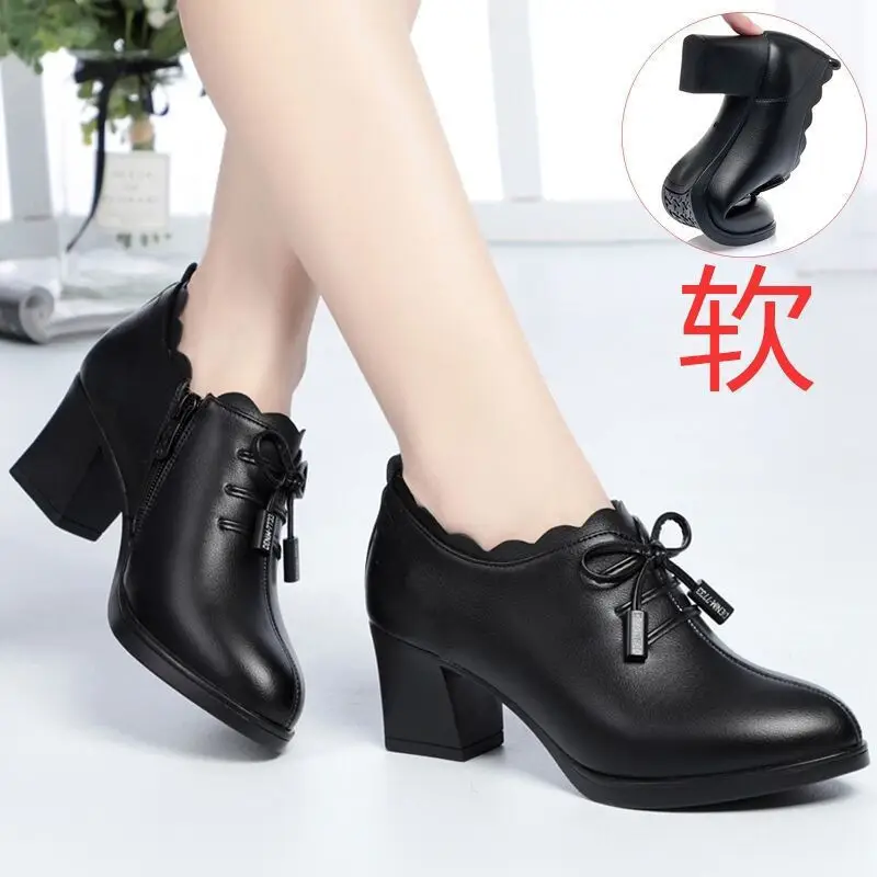 Mid-heel Mama Shoes 2023 Spring New Women's Leather Shoes Thick-heel Bow Single-layer Shoes Women's Soft Leather All-match High-heeled Shoes - Image 3