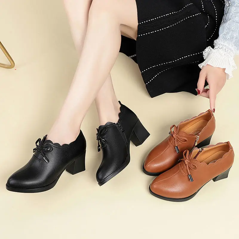 Mid-heel Mama Shoes 2023 Spring New Women's Leather Shoes Thick-heel Bow Single-layer Shoes Women's Soft Leather All-match High-heeled Shoes - Image 4