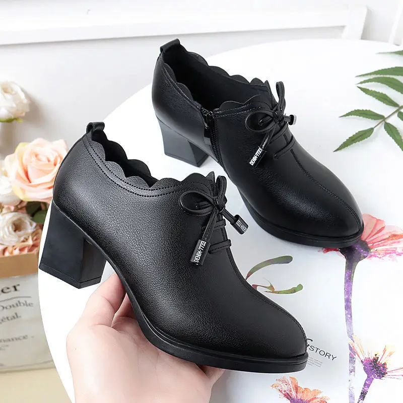 Mid-heel Mama Shoes 2023 Spring New Women's Leather Shoes Thick-heel Bow Single-layer Shoes Women's Soft Leather All-match High-heeled Shoes - Image 5