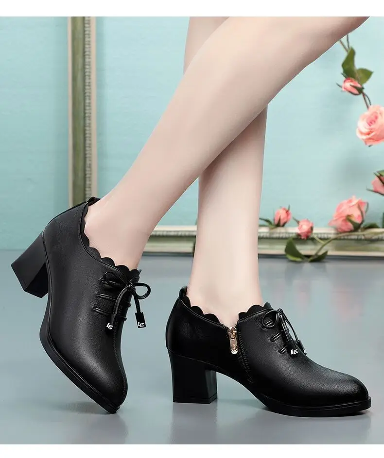 Mid-heel Mama Shoes 2023 Spring New Women's Leather Shoes Thick-heel Bow Single-layer Shoes Women's Soft Leather All-match High-heeled Shoes — feature 10
