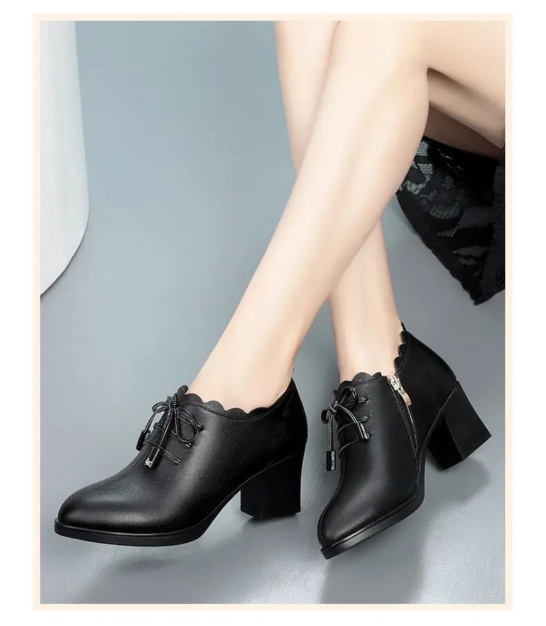 Mid-heel Mama Shoes 2023 Spring New Women's Leather Shoes Thick-heel Bow Single-layer Shoes Women's Soft Leather All-match High-heeled Shoes — feature 11