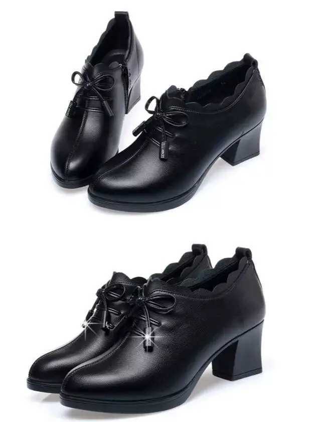 Mid-heel Mama Shoes 2023 Spring New Women's Leather Shoes Thick-heel Bow Single-layer Shoes Women's Soft Leather All-match High-heeled Shoes — feature 15