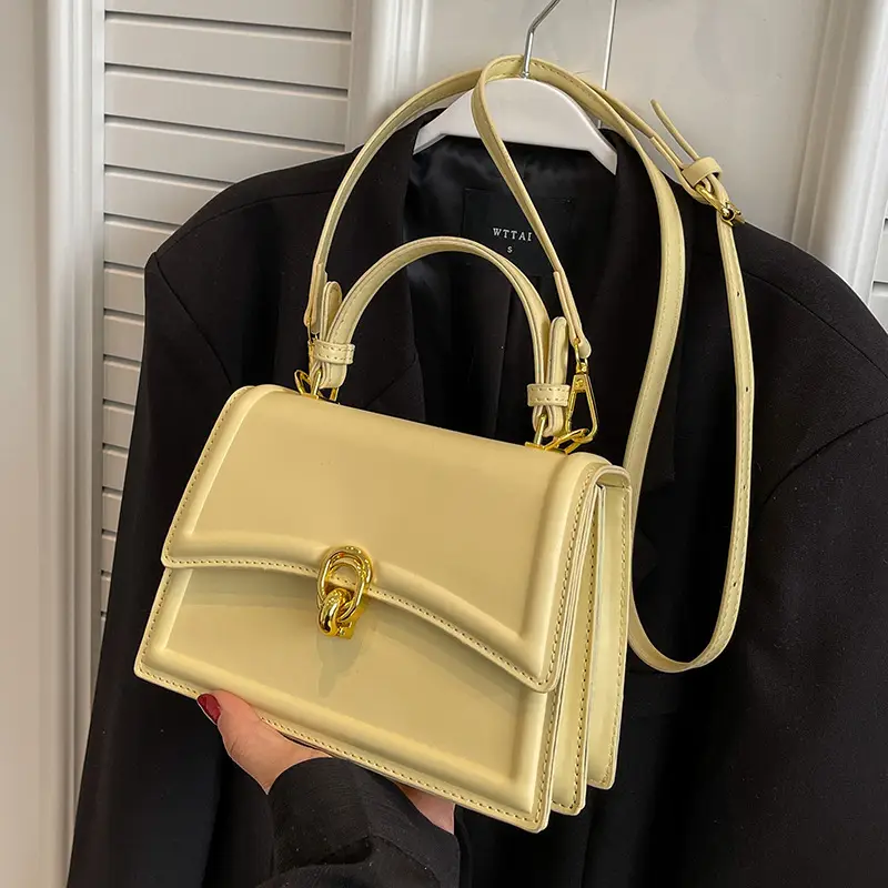 Women's Cream Satchel Shoulder Bag with Gold Clasp - Image 7