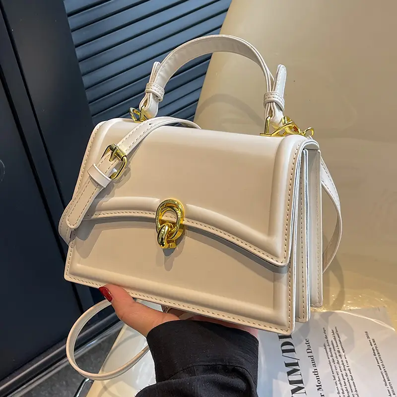 Women's Cream Satchel Shoulder Bag with Gold Clasp - Image 8